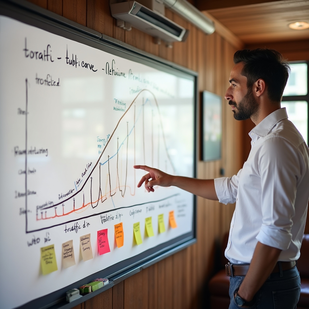 A whiteboard covered with a traffic drop timeline and crawl error notes during a migration post-mortem review